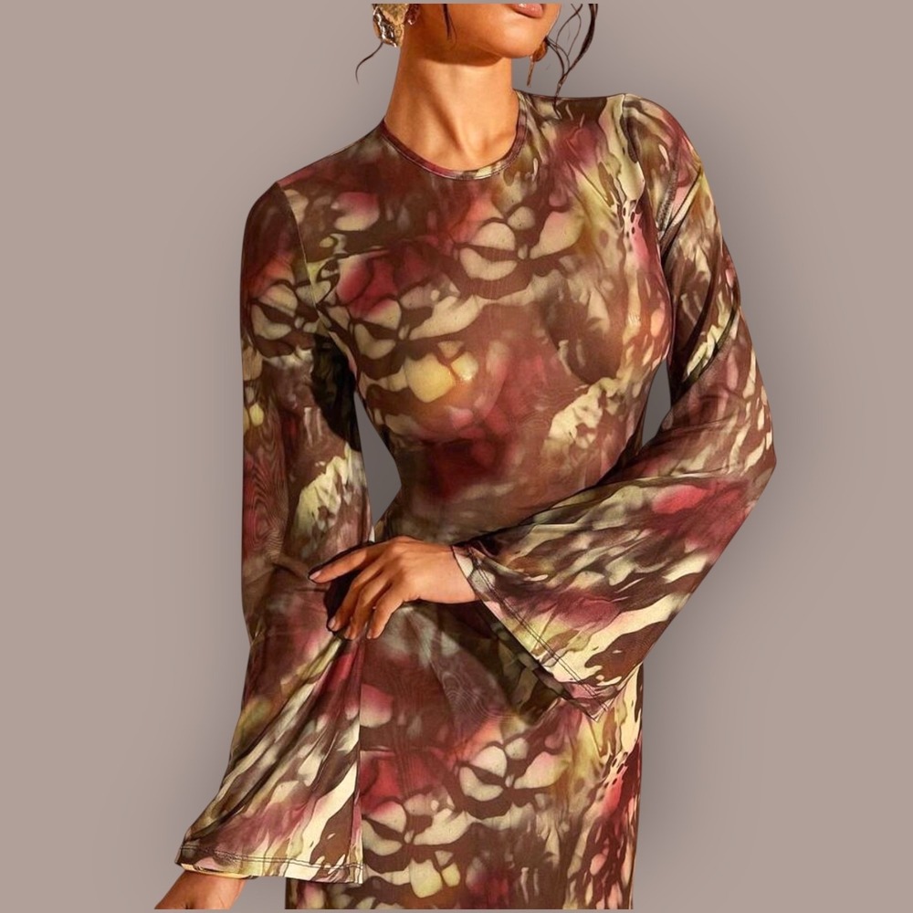 Sheer Mesh Abstract Print Maxi Dress Open Back Tie Neck Bell Sleeve Boho Y2K M/L - Picture 4 of 16